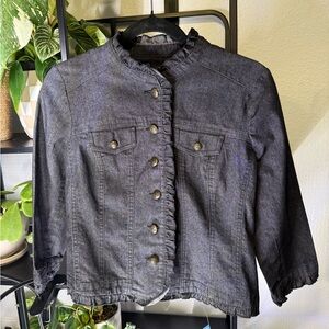 Sandro Charcoal Jean Jacket with Ruffle Trim